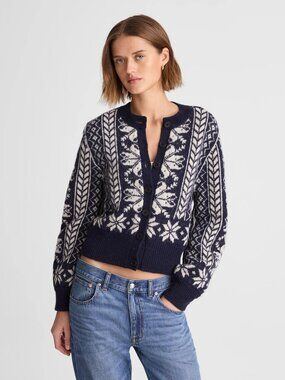 Madewell Fair Isle Cardigan Jacket in Wool in Navy and Ivory Pattern, Size Small